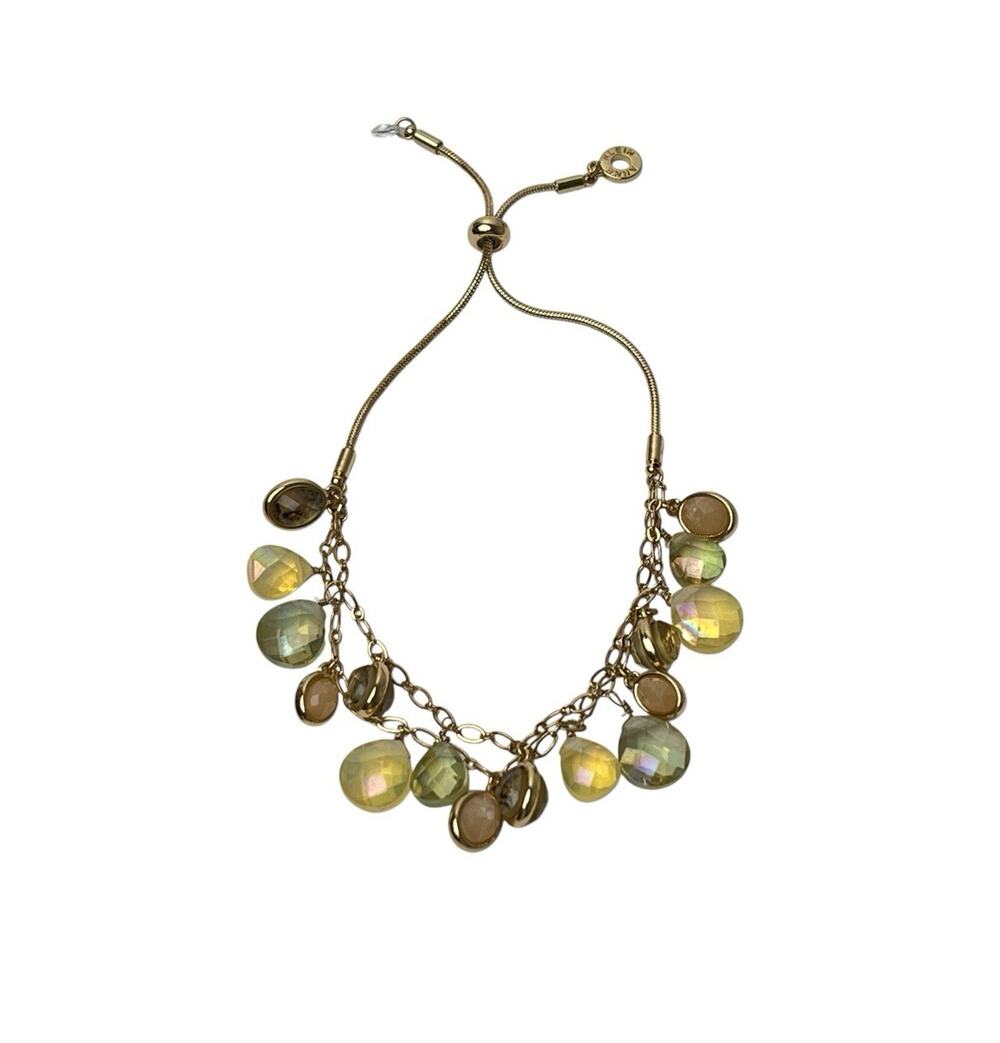 Anne Klein Dangle Beaded Bracelet Earthy Iridescent Boho Chic Gold Tone Slider